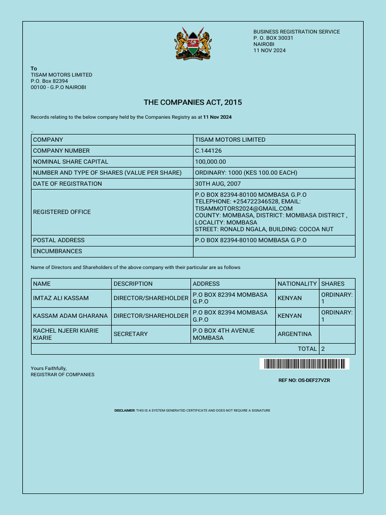 Tisam Motors Limited Registration Details | PDF