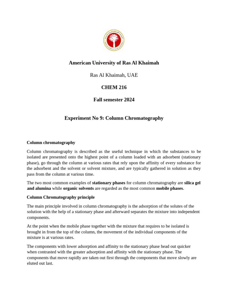 Experiment 9 CHEM 216 Fall 2024 | PDF | Chromatography | Elution