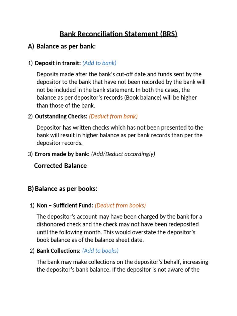 Bank Reconciliation Statement (BRS) : A) Balance As Per Bank | PDF
