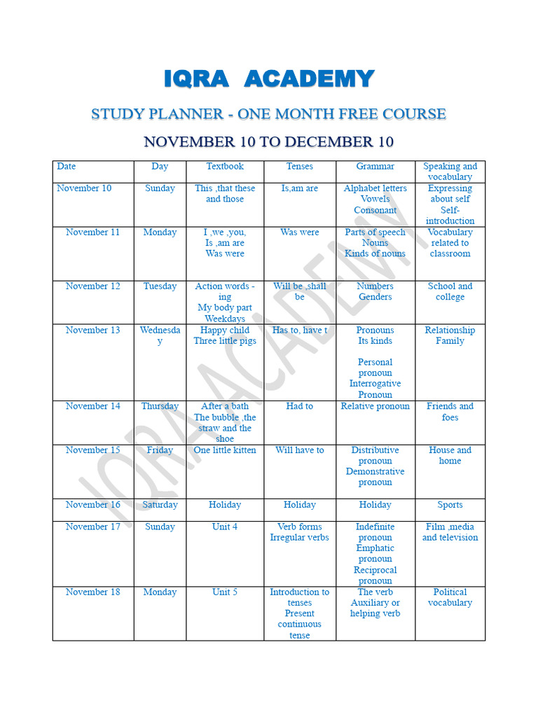 One Month Free English Course Plan | PDF | Pronoun | Grammatical Tense
