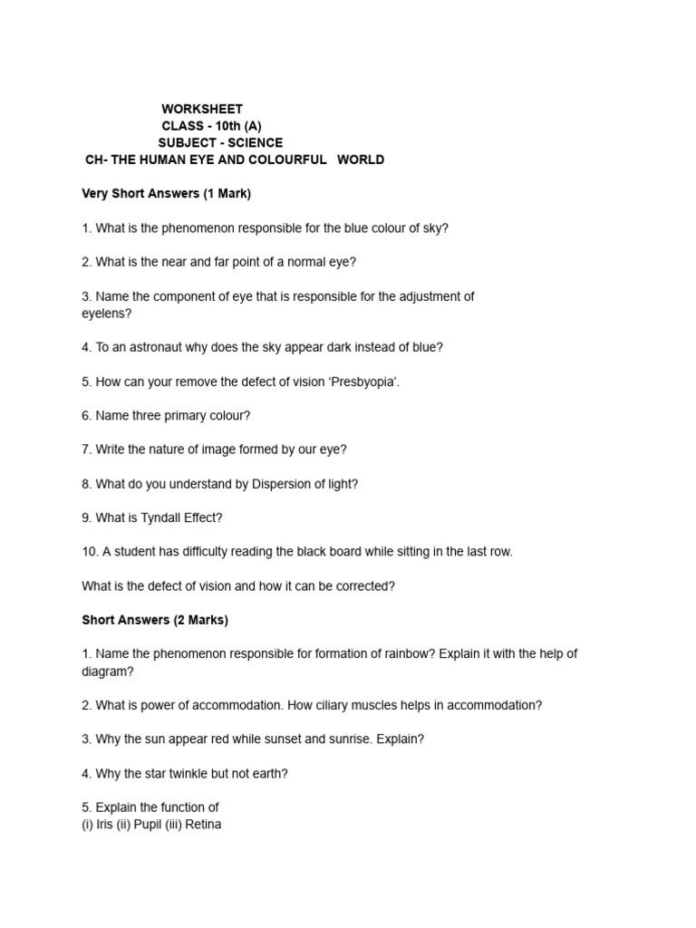 Worksheet 10th CH - Human Eye & Colourful World | PDF