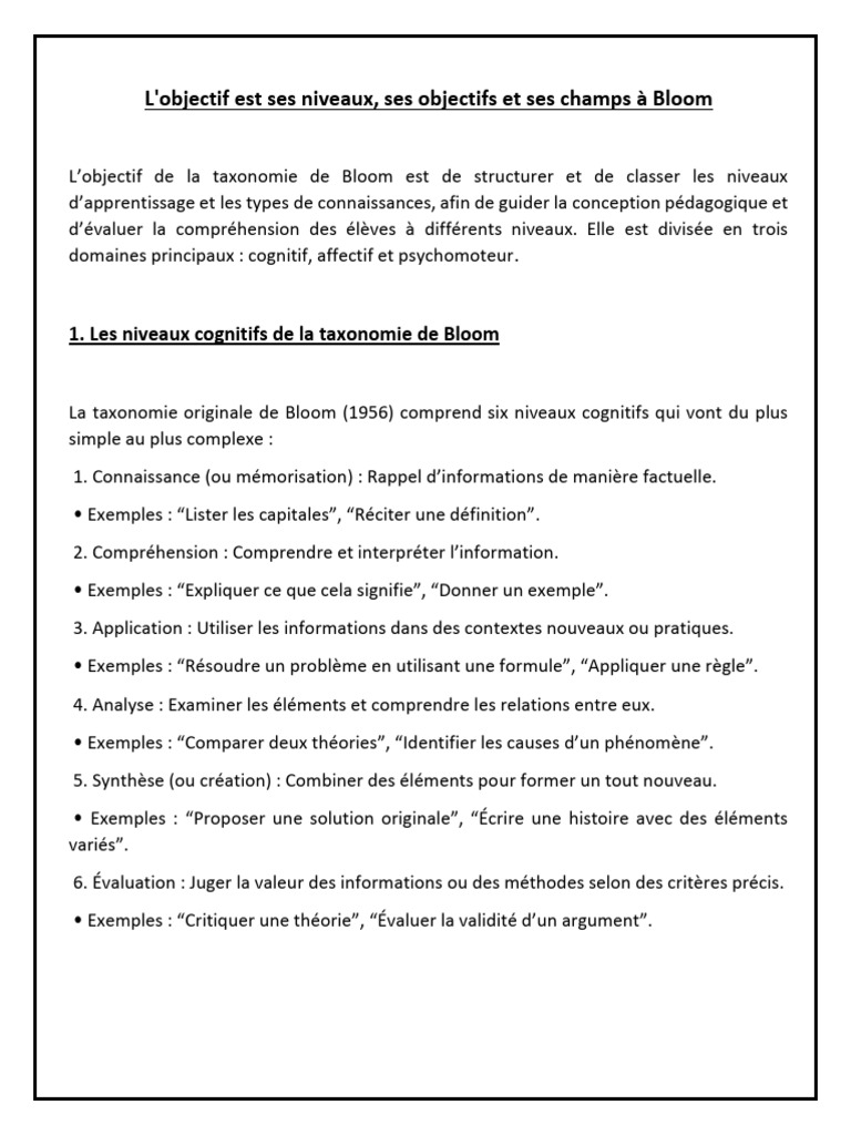 Taxonomie de Bloom : Niveaux et Objectifs | PDF | Connaissances ...