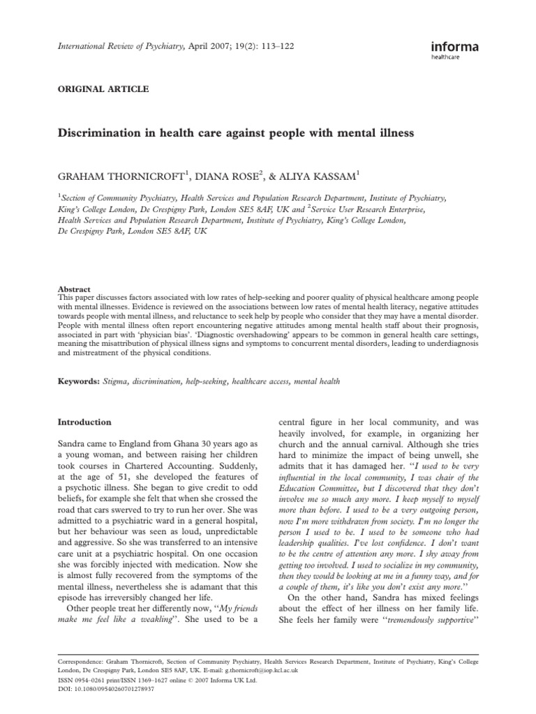 Discrimination in Health Care Against People With Mental Illness | PDF ...