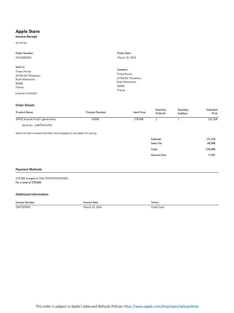 Facture Apple Airpods Pro 22 (3) | PDF
