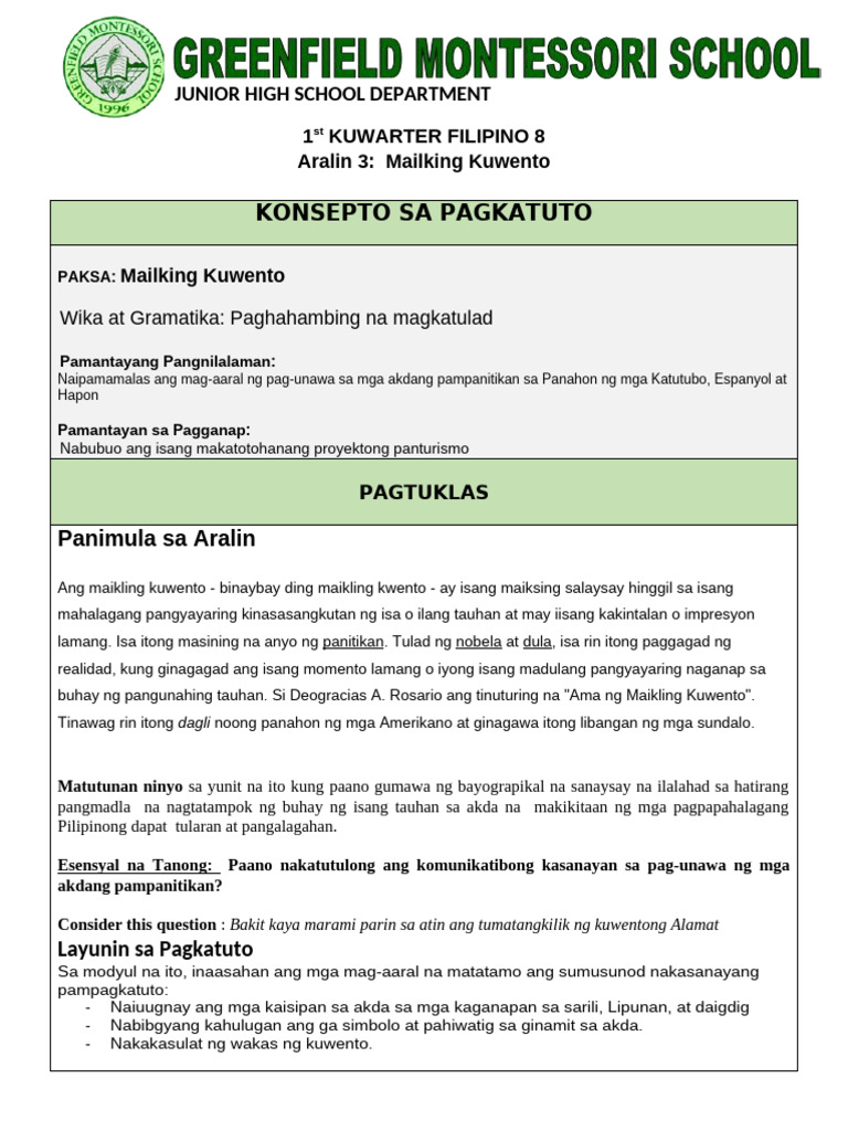 Aralin 3 Filipino 8 LP | PDF