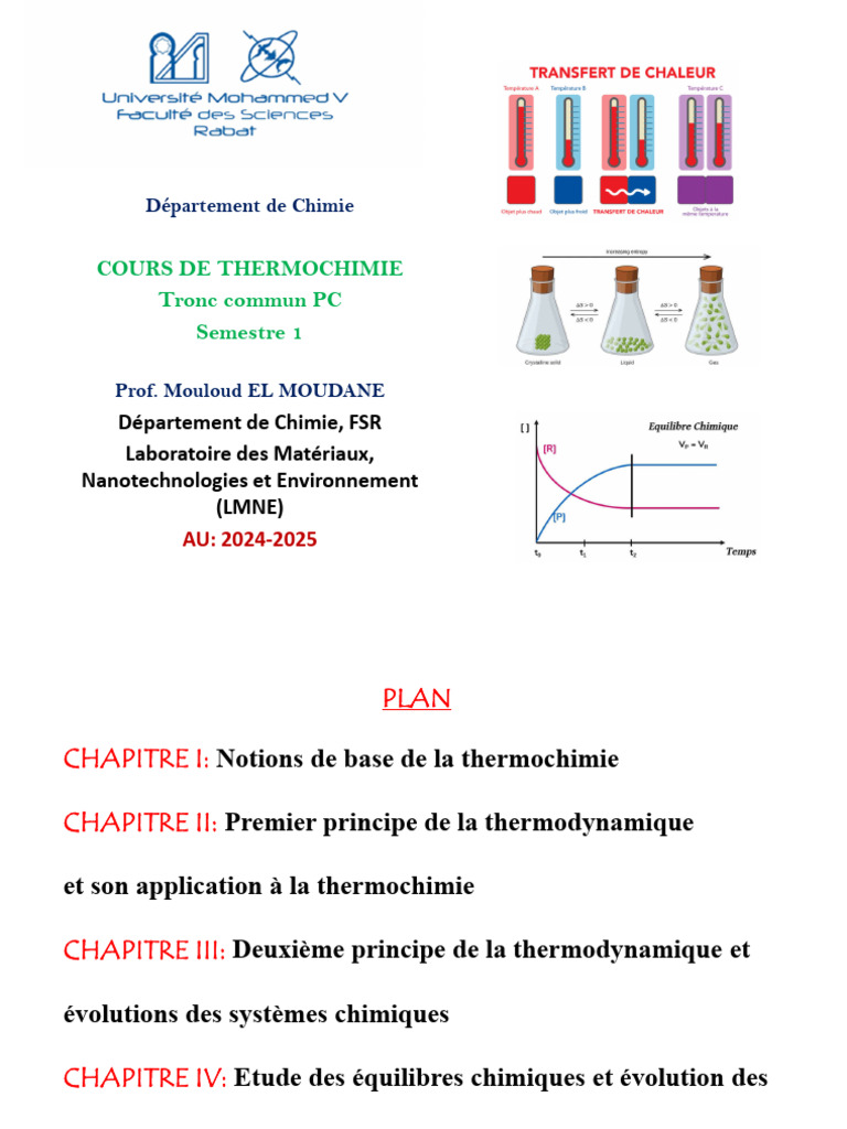 Cours de Thermochimie : Concepts Clés | PDF | Chaleur | Température