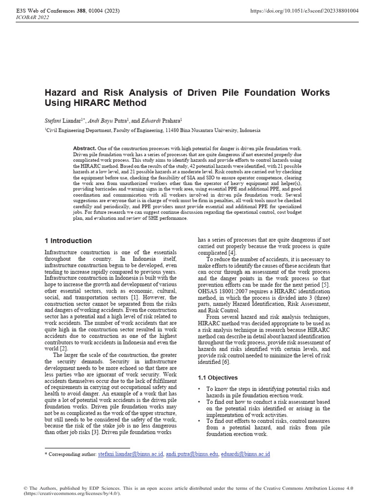 Hazard Analysis in Pile Foundation Work | PDF | Risk | Risk Assessment