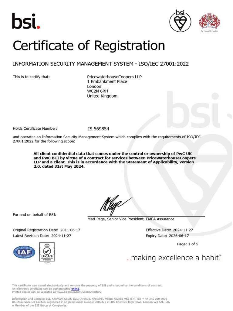 PwC ISO 27001 Certification Document | PDF | Information Security ...