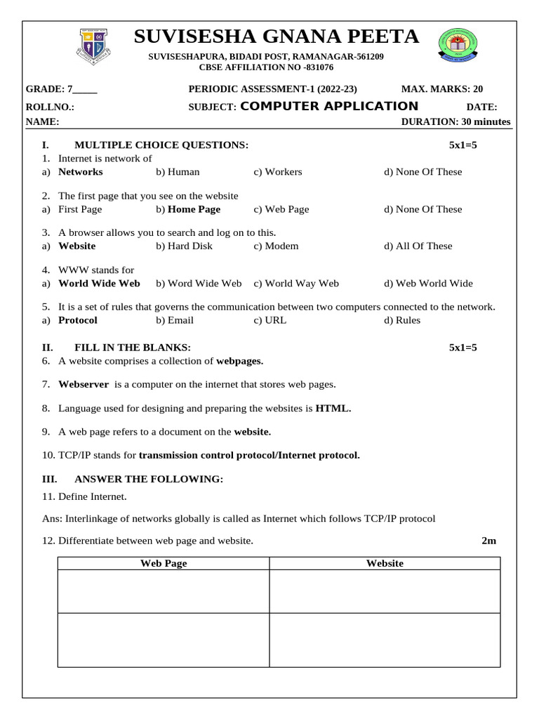 Grade 7 Computer Application Assessment | PDF