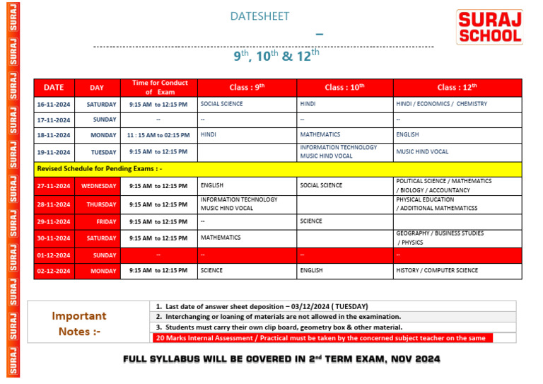Datesheet (Revised) 2nd Term - Nov. 2024 (9th, 10th, & 12th) | PDF ...