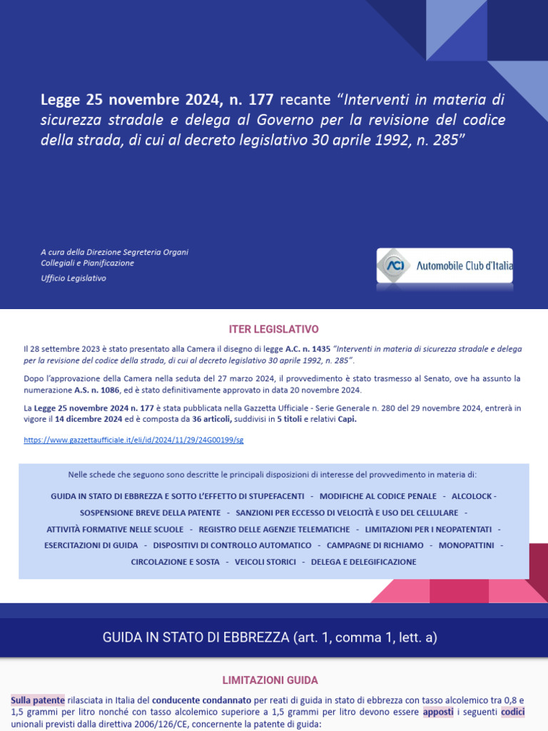 Slide Legge N. 177 2024 - Modifiche Al Codice Della Strada 1 | PDF