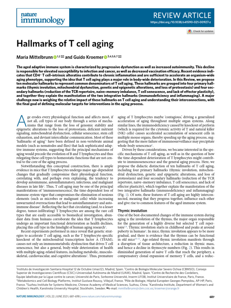 Hallmarks of T Cell Aging Explained | PDF | T Cell | T Helper Cell