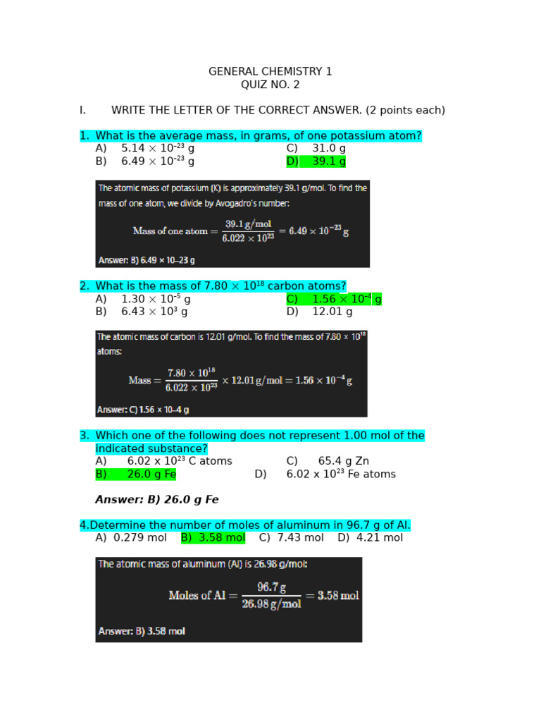 General Chemistry Quiz 2 Answers | PDF | Mole (Unit) | Chemical Substances