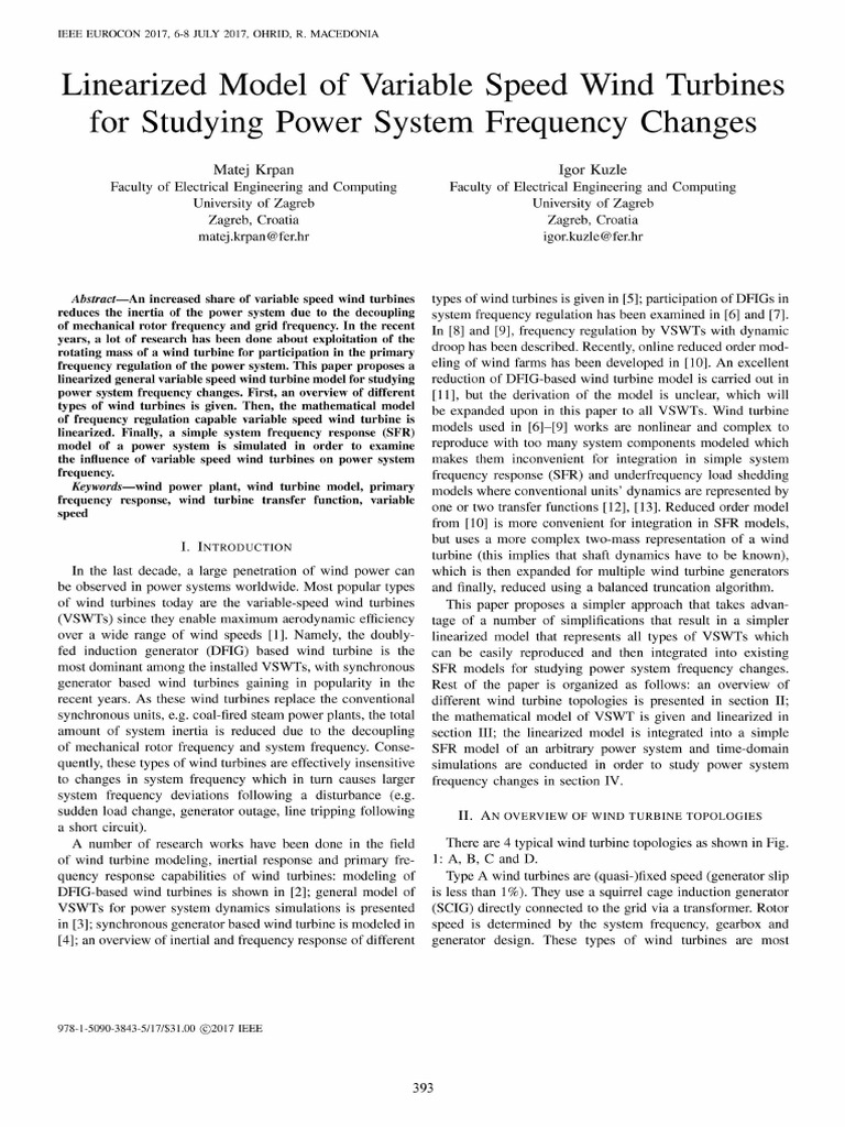 Wind Turbine Model for Frequency Analysis | PDF | Electric Generator ...
