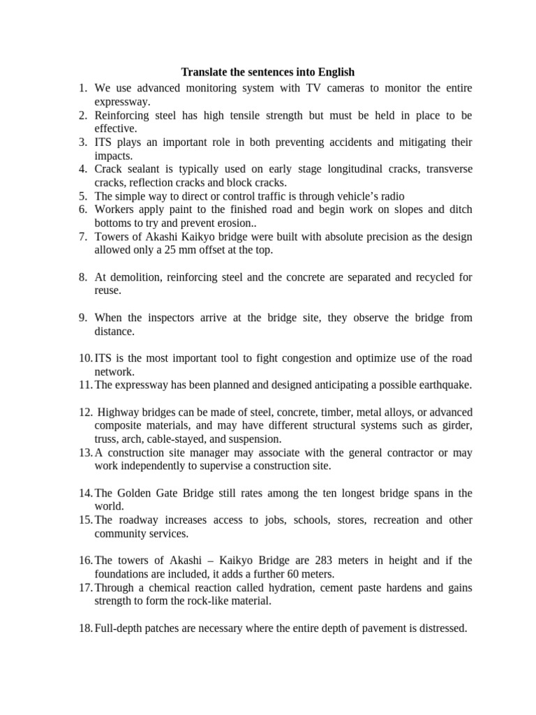 English Translations of Engineering Sentences | PDF | Concrete | Bridge