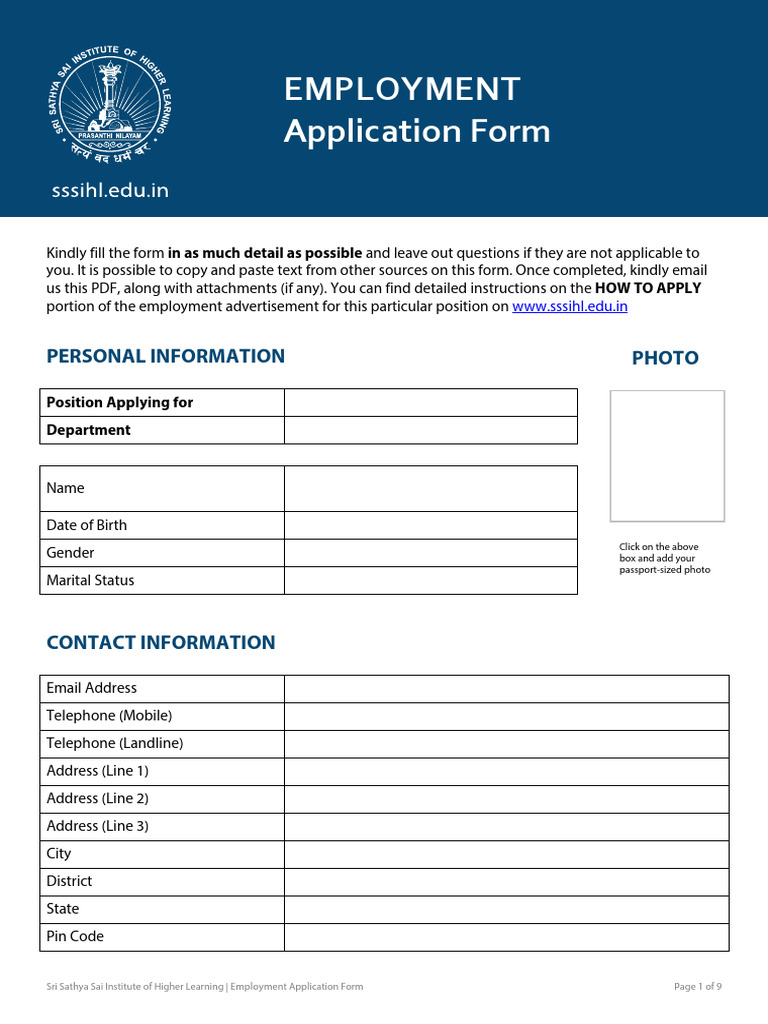 SSSIHL Employment Application Form Academic Research Vacancies | PDF