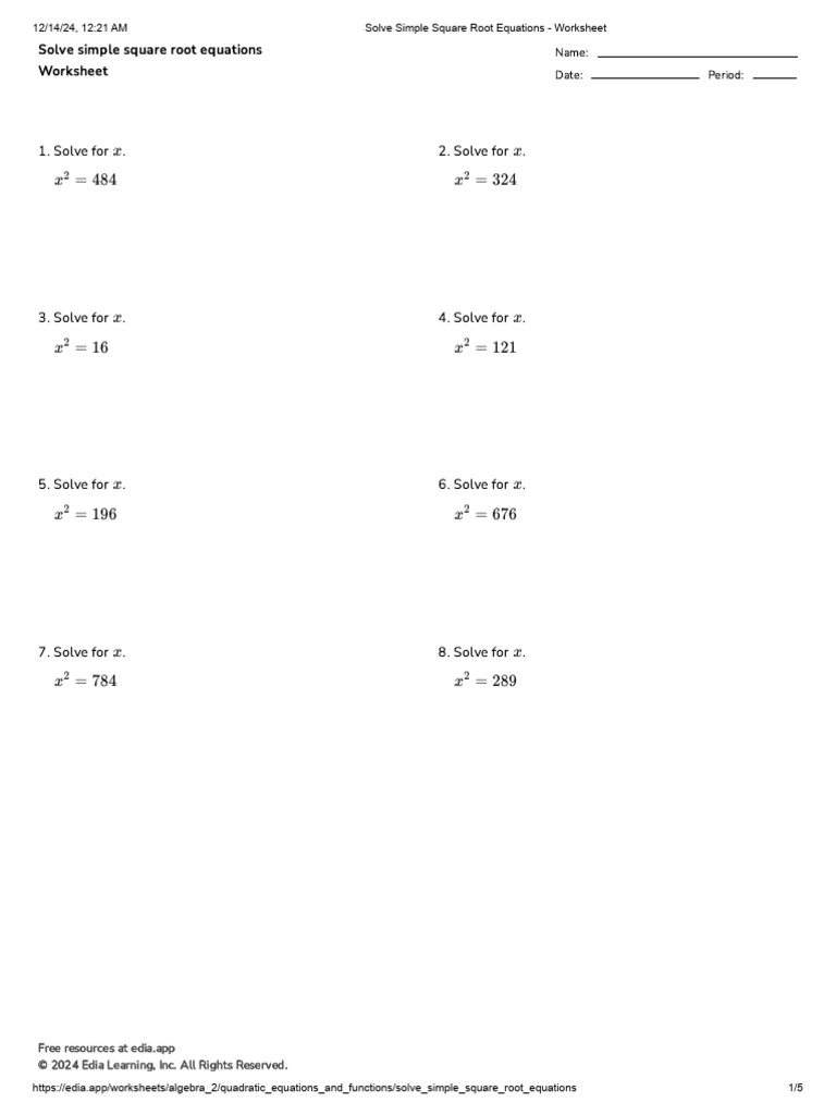 Solve Simple Square Root Equations Worksheet PDF Algebra Mathematical Objects
