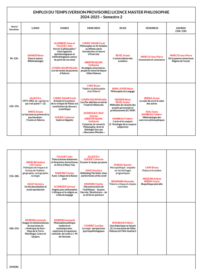 Emploi du temps Licence Master Philosophie 2024-2025 | PDF ...