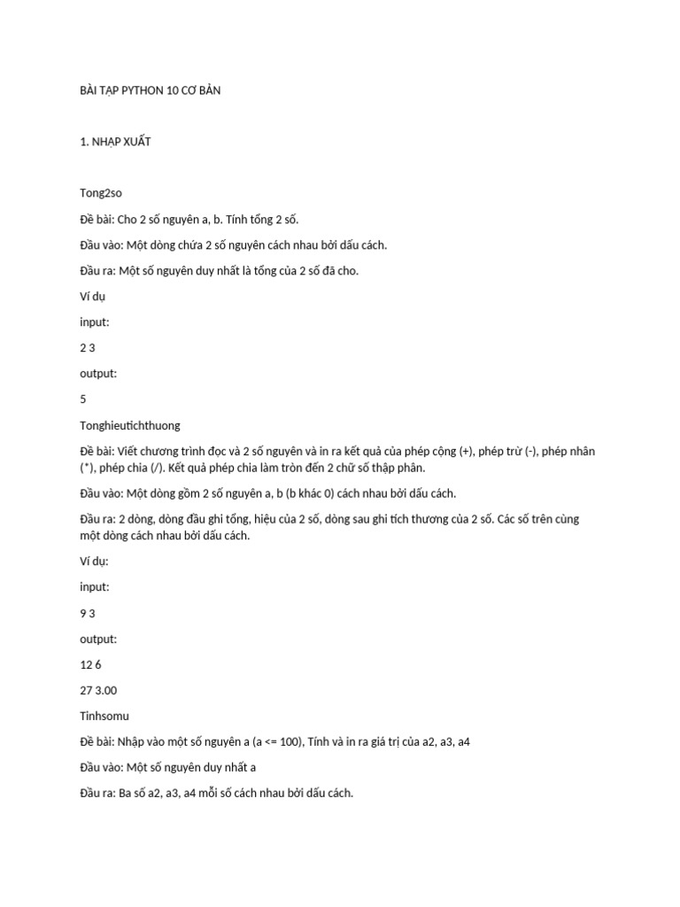 BÀI TẬP PYTHON 10 CƠ BẢN | PDF