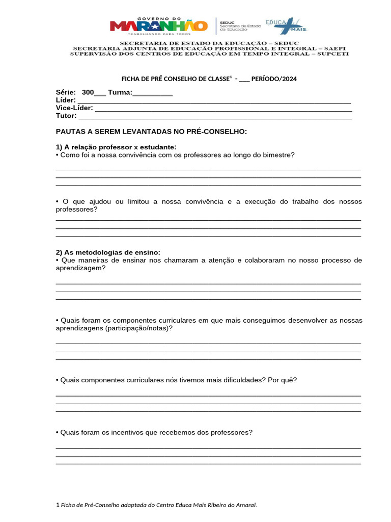 Ficha de Pré-Conselho de Classe 2024 | PDF | Aprendizado