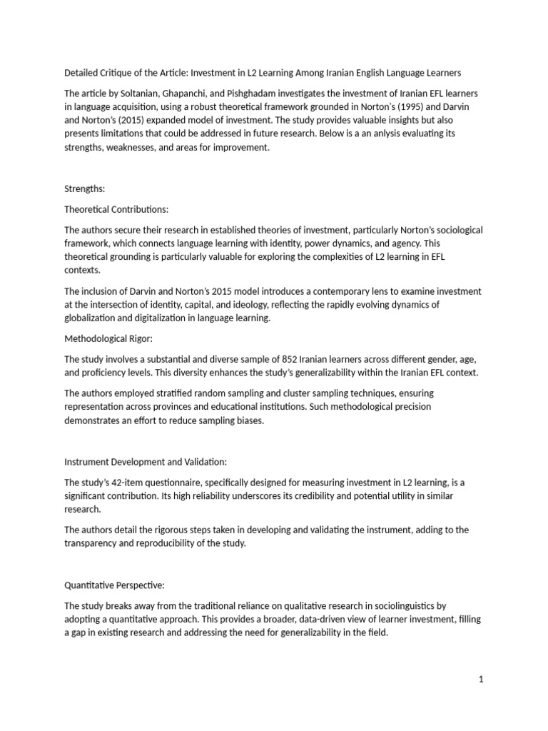 Critique of The Article Investment in L2 Learning Among Iranian English ...