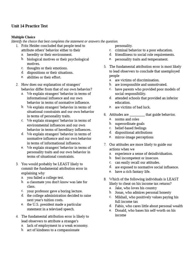 Unit 14 Psychology Practice Test | PDF | Prejudices | Obedience (Human ...