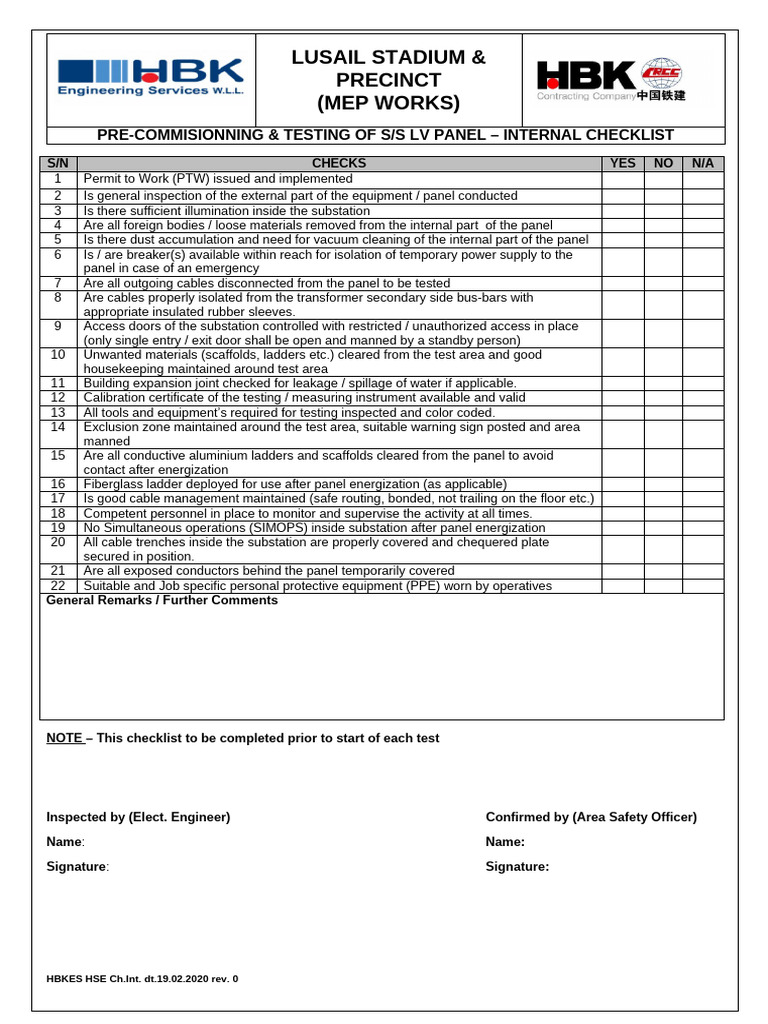 LV Panel Precommissioning Test Checklist - Internal | PDF | Electrical ...