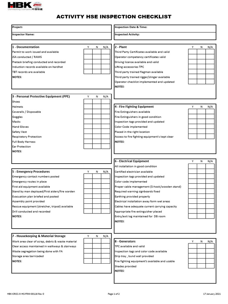 HSE Inspection Checklist Template | PDF | Firefighting | Scaffolding