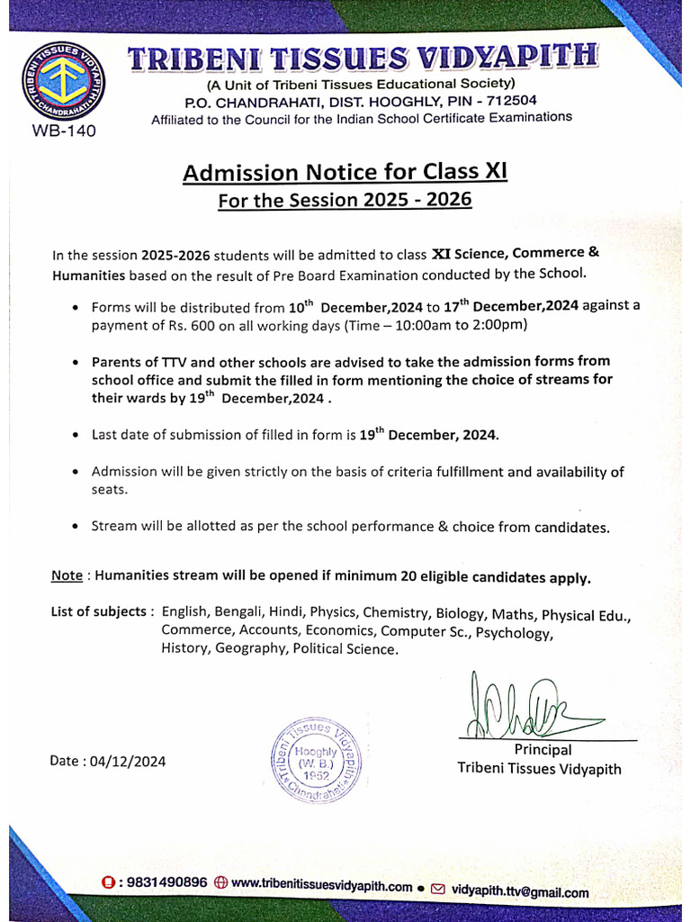 Admission Notice For Class XI (2025-26) | PDF