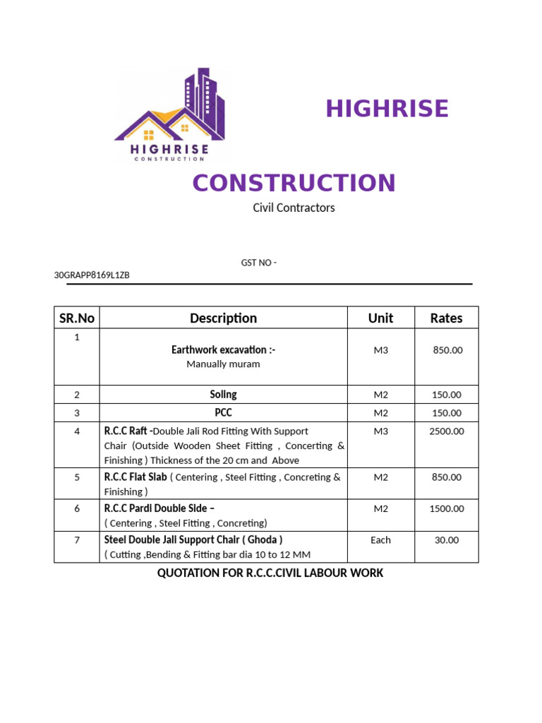 R.C.C. Civil Labour Work Quotation | PDF