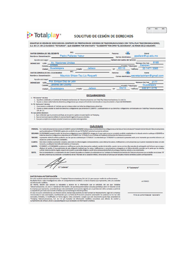 Formato de Cesion de Derechos Total Play | PDF