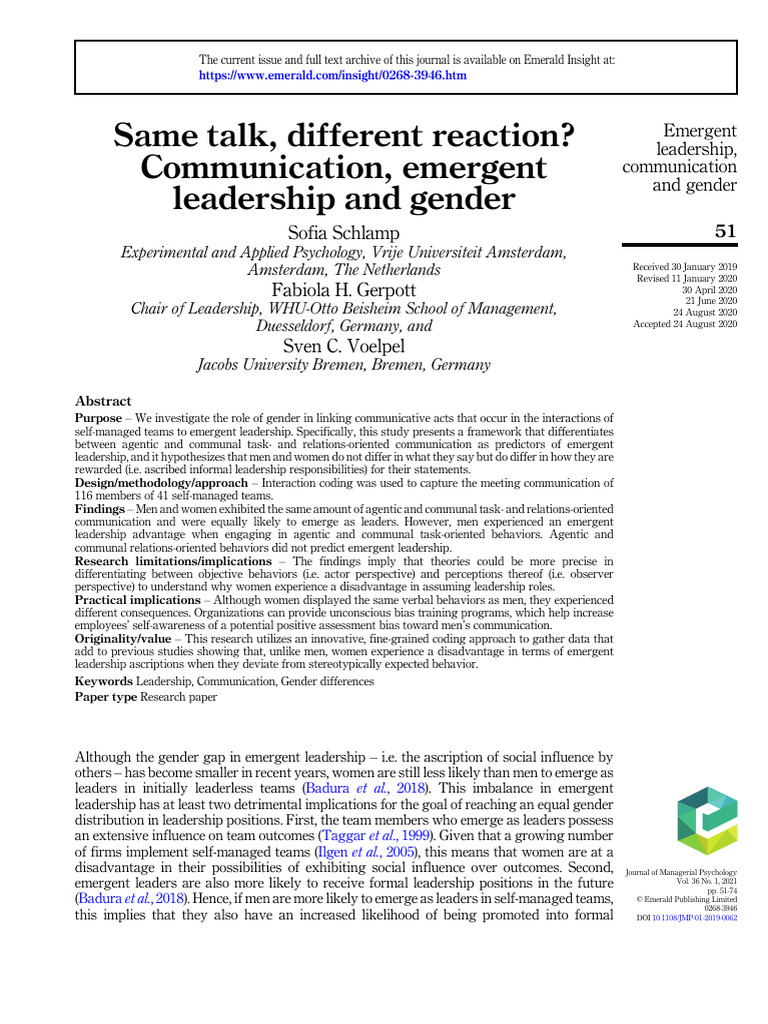 Gender Impact on Emergent Leadership | PDF | Leadership | Gender