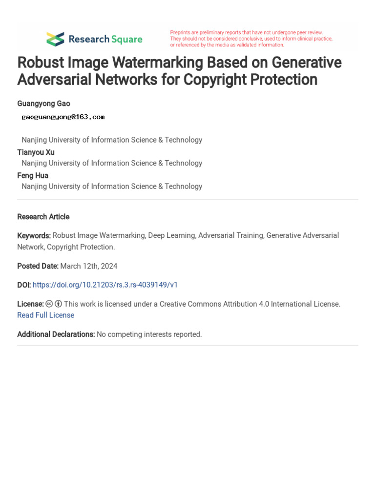 Robust Image Watermarking Based On Generative Adve | PDF | Data ...