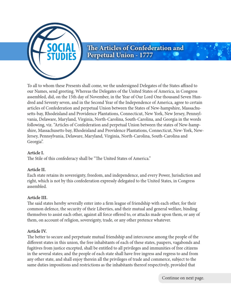 Ss7 The Articles of Confederation and Perpetual Union 1777 | PDF ...