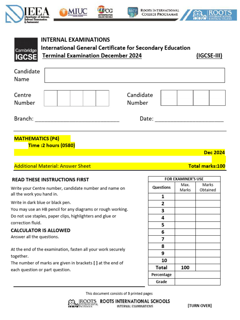 Mathematics Igcse Iii P4 | PDF | Educational Stages | Student ...