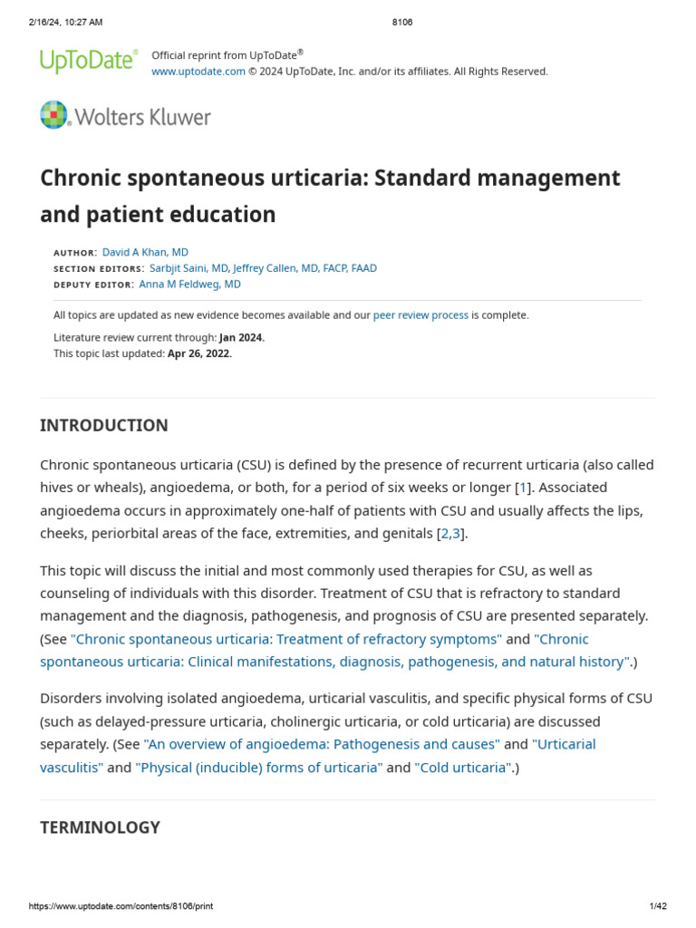 Chronic Spontaneous Urticaria Standard Management And Patient Education