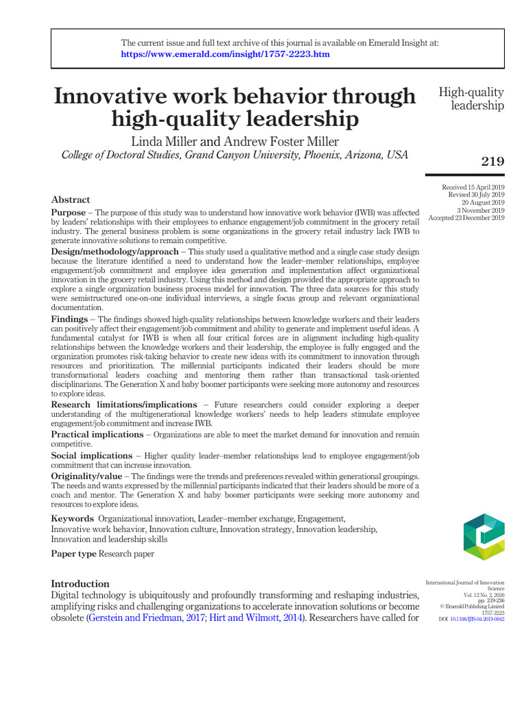 Innovative Work Behavior Through High-Quality Leadership | PDF | Focus ...