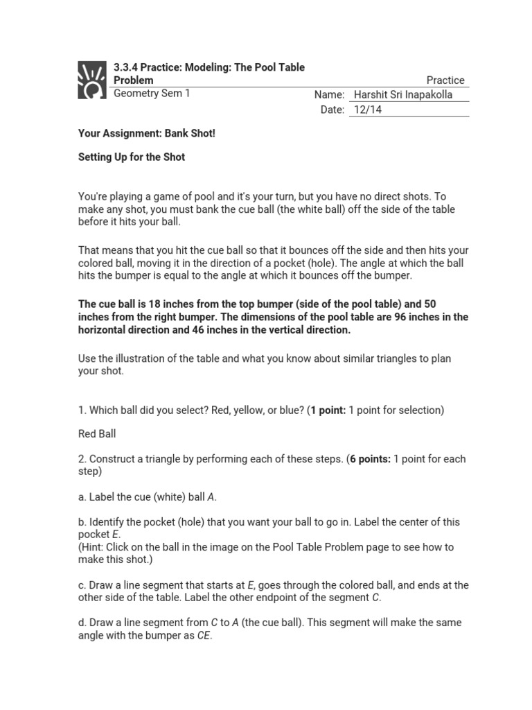 3.3.4 Practice - Modeling - The Pool Table Problem (Practice) | PDF ...