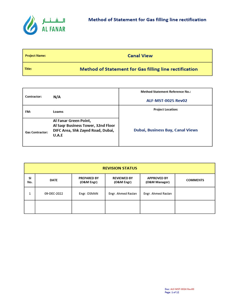 Gas Filling Line Rectification Method Statement | PDF | Liquefied ...