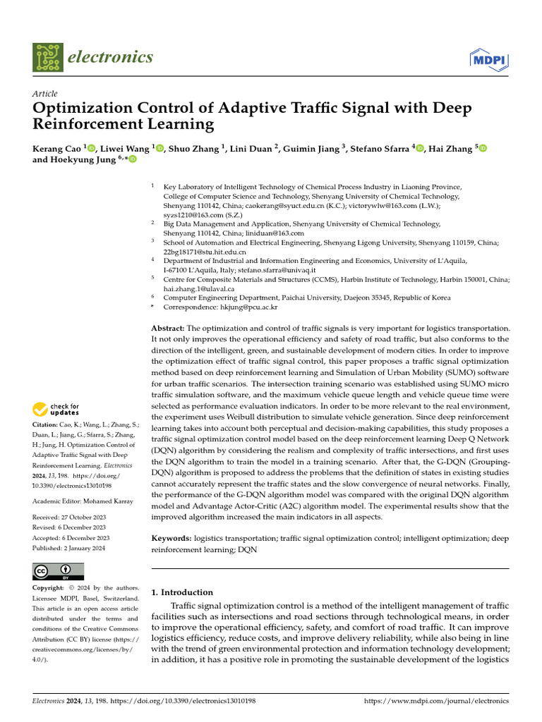 Electronics: Optimization Control of Adaptive Traffic Signal With Deep ...