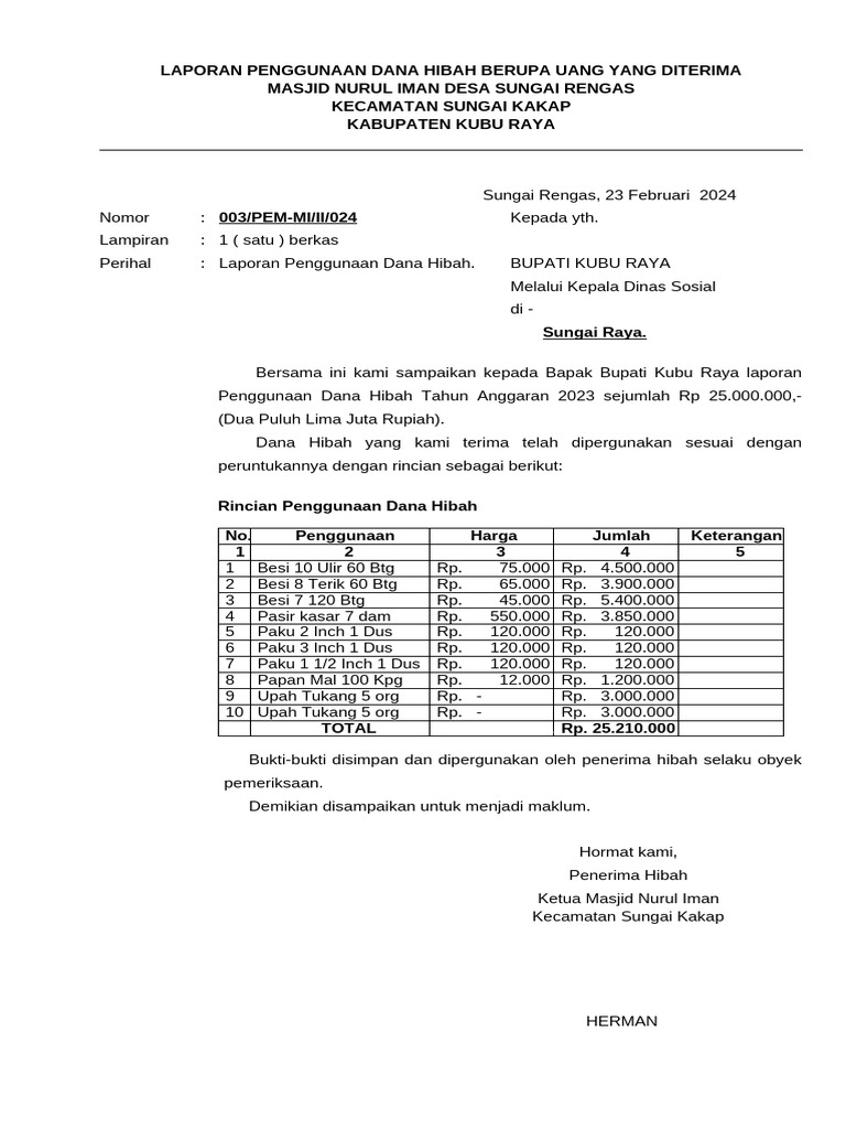Laporan Dana Hibah Masjid Nurul Iman | PDF
