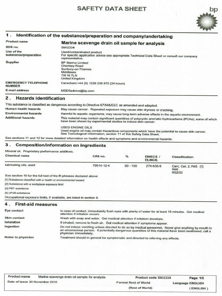 Msds-marine Scavenge Drain Oil Sample for Analysis | PDF