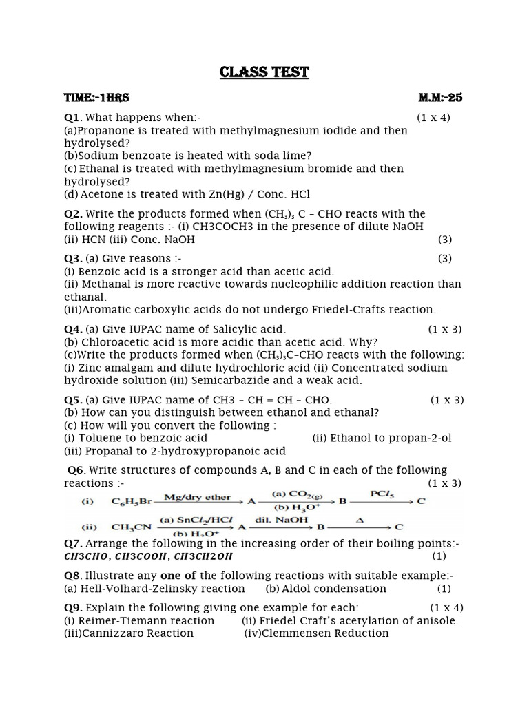 Organic Chemistry Class Test Questions | PDF