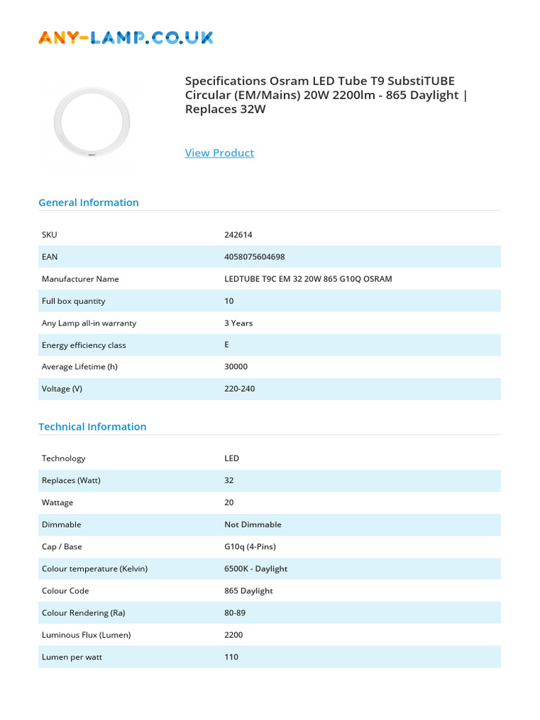 Osram 20W LED T9 Circular Tube Specs | PDF