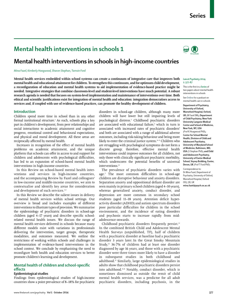 School Mental Health Interventions | PDF | Mental Health | Mental Disorder