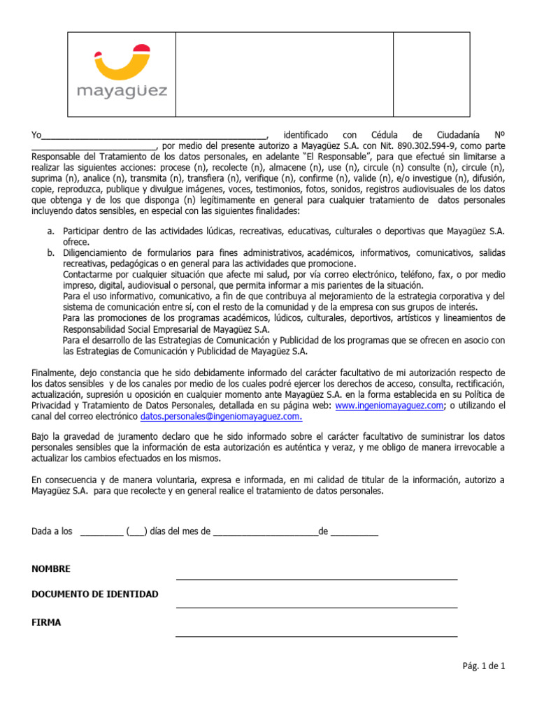 Autorización de Datos Personales MYZ 2023 | PDF