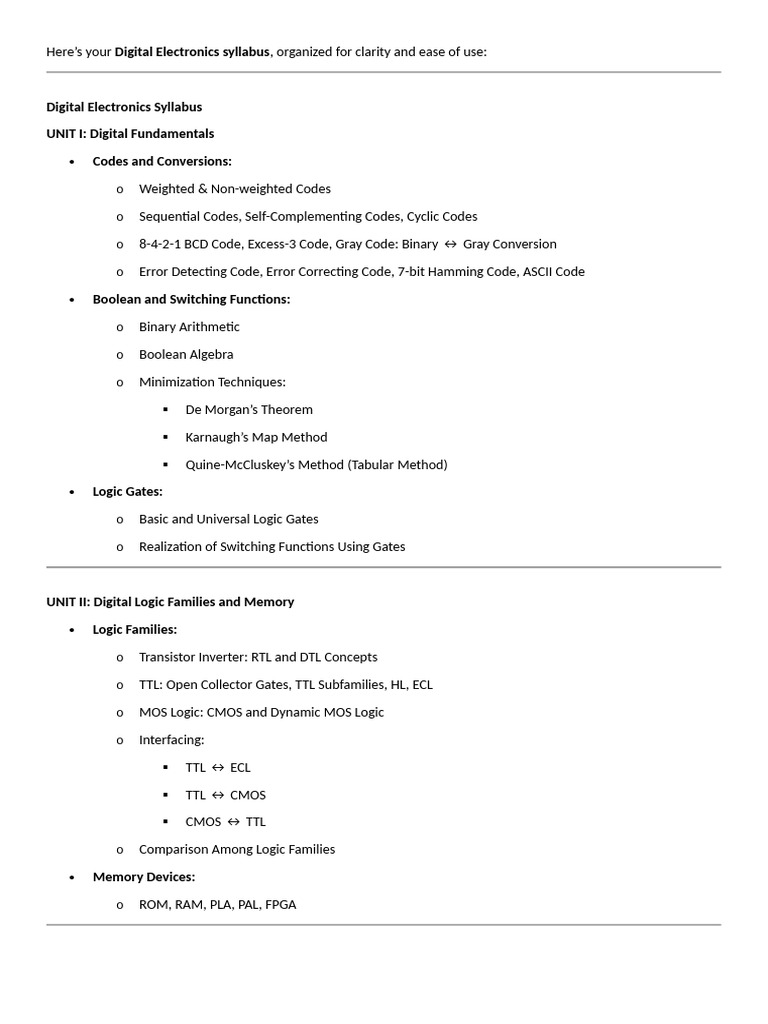 Digital Electronics Course Syllabus | PDF