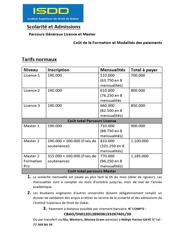 Cout-De-Formation Isdd 2024 2025-1 | PDF | Academia | France