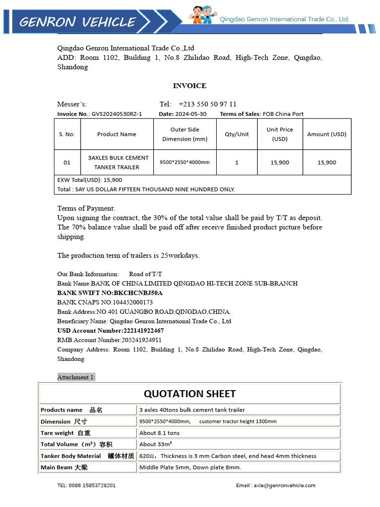 GVS20240530RZ-1 PI of 3axles BULK CEMENT TANKER Trailer From Genron Vehicle  | PDF | Vehicles | Land Vehicles
