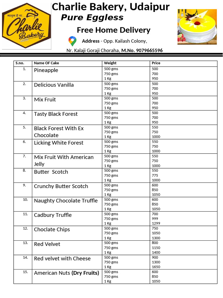 Charlie Bakery Cake Menu and Prices | PDF | Chocolate | Foods
